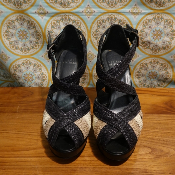 STUART WEITZMAN Woven Raffia Upper & Wrapped Heeled Platform Sandals, size 5½ - Picture 8 of 8